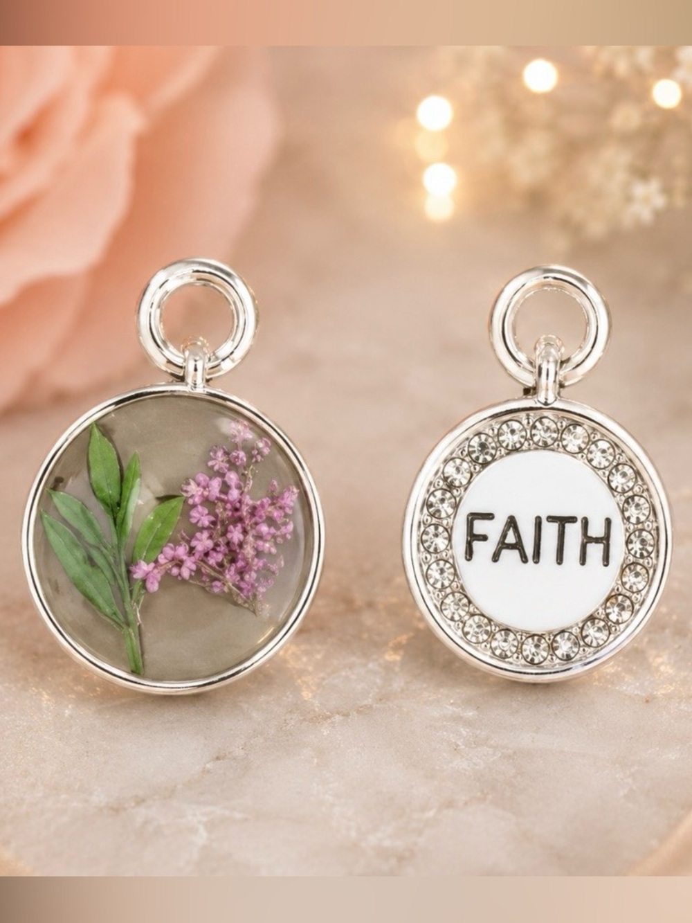 Silver 'Faith' Round Charm and Floral Disc Bracelet Charms - Purple & Green